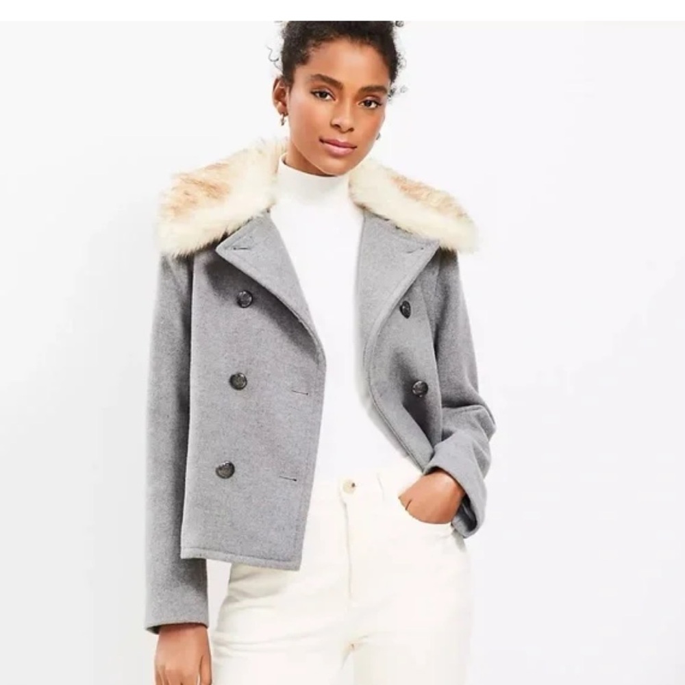 LOFT Women's Gray Double-Breasted Jacket with Faux Fur Collar